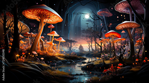 Magic landscape of giant mushrooms against the backdrop of a night forest and river