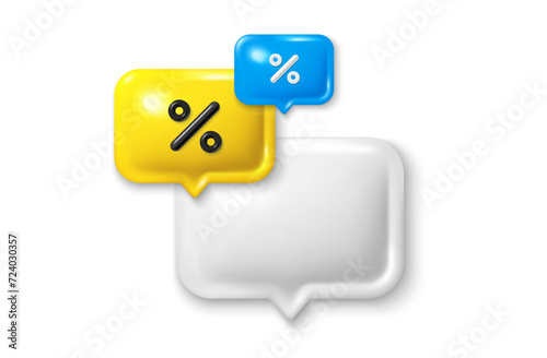 Speech bubble with percent discount 3d icon. Chat comment with sale symbol. Talk message box icon. Modern realistic 3d design. Discount speech bubble. Social media dialog banner. Vector illustration