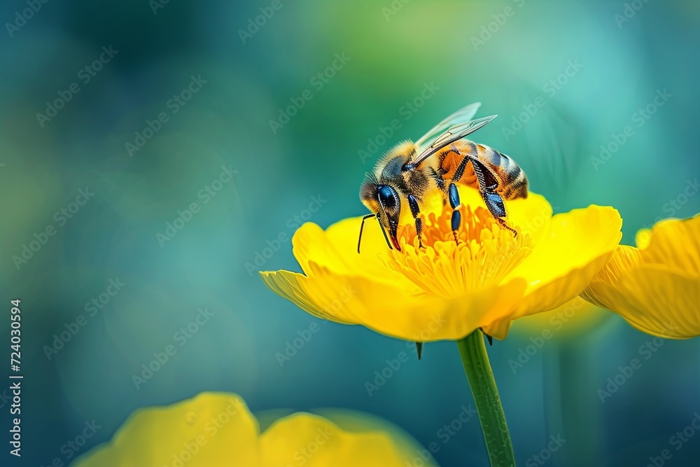 Honey bee and beautiful yellow flower, spring summer season, Wild nature landscape Honey bee and beautiful yellow flower, spring summer season, Wild nature landscape