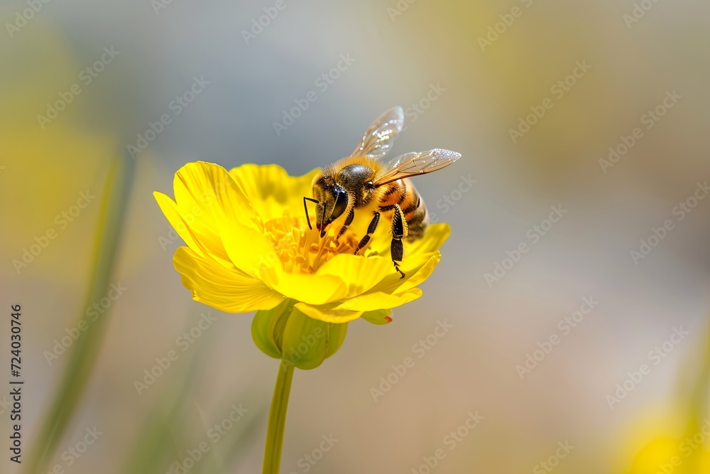 Honey bee and beautiful yellow flower, spring summer season, Wild nature landscape Honey bee and beautiful yellow flower, spring summer season, Wild nature landscape