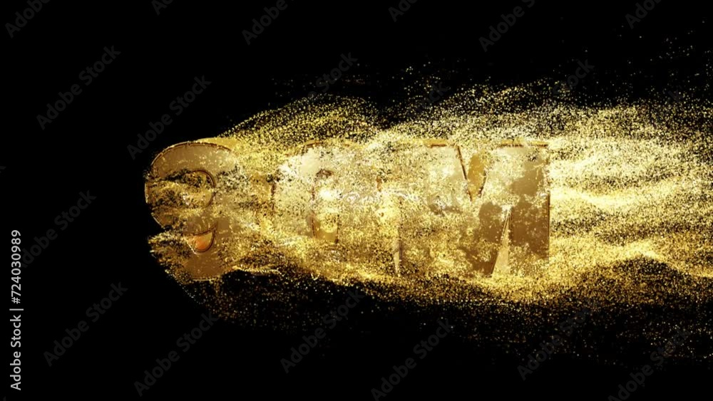 90M realistic 3d gold text with particle dust effect on black background. fill letters with golden particles. 4k abstract Footage
