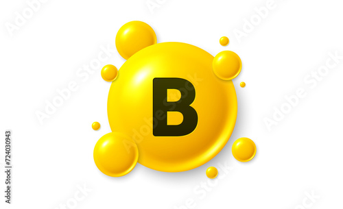 Vitamin B shining pill capsule icon. Shining golden substance drop. Meds ads. Medical nutrition for health. Pharmacy healthcare supplements. Vitamin B medicine. Vector illustration.