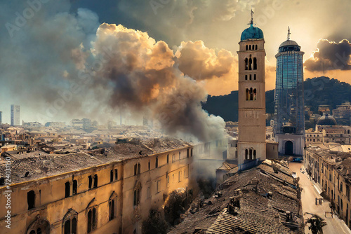 città bombardata fiamme esplosione  photo
