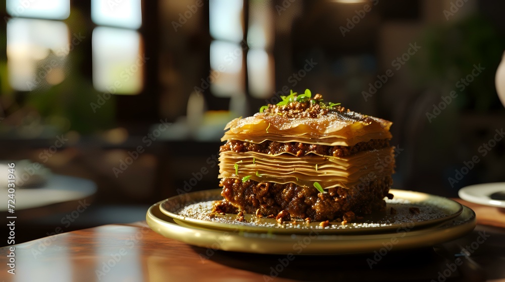 Piece of lasagna on a plate in a restaurant. Restaurant Piece of lasagna on a plate in a restaurant. Restaurant