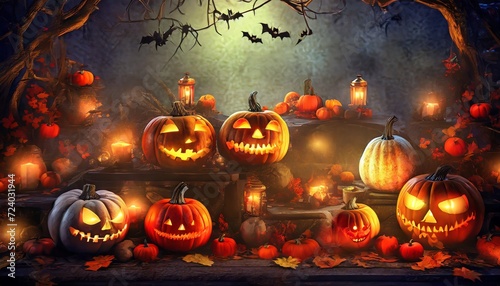 pumpkin lanterns suitable as a background or cover for Halloween