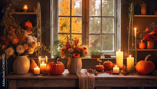 a table with a view of the window with autumn decoration pumpkin flowers suitable as a background or cover