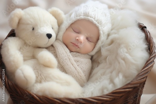 Sleeping newborn baby in basket 
