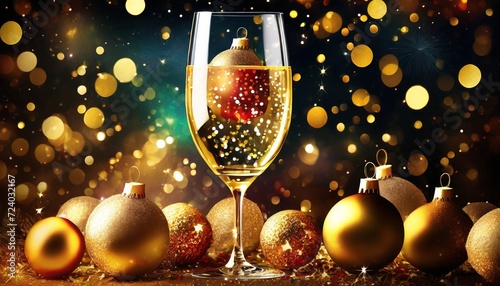 a glass of champagne with Christmas decorations 
