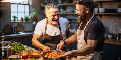 Blissful Gay Couple Talking and Cooking in Their Kitchen