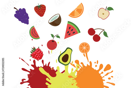 Sweet tropical fruits and berries with splashes of juice. Watermelon, banana, coconut, grapes, strawberries, orange, avocado, cherry, raspberry. Vector realistic set.