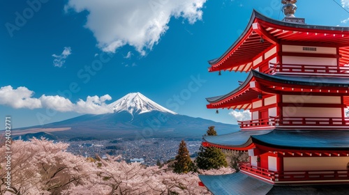 Mount Fuji and Chureito Pagoda with cherry blossoms in spring