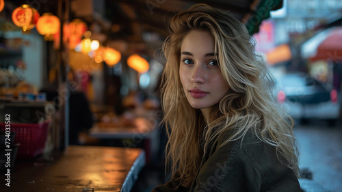 Portrait of young adult female blond woman sitting on a street food alley and waiting for her food at evening, 