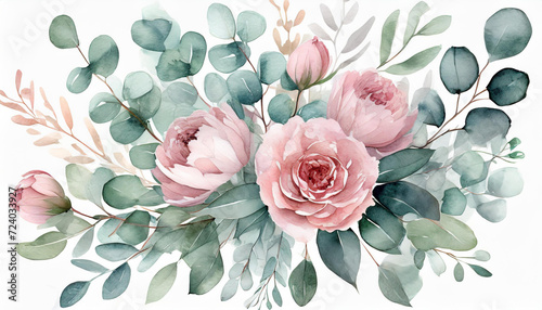 arrangement of flowers adorned with eucalyptus foliage and hazy pink watercolor flowers