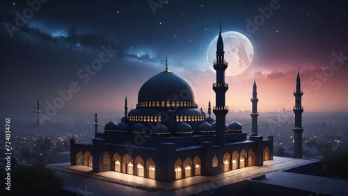 Silhouette of a Big Mosque Under Starry Night. Suitable for Ramadan concept, Islamic concept, Greeting card, Wallpaper, Background, Illustration, etc  © dreambender