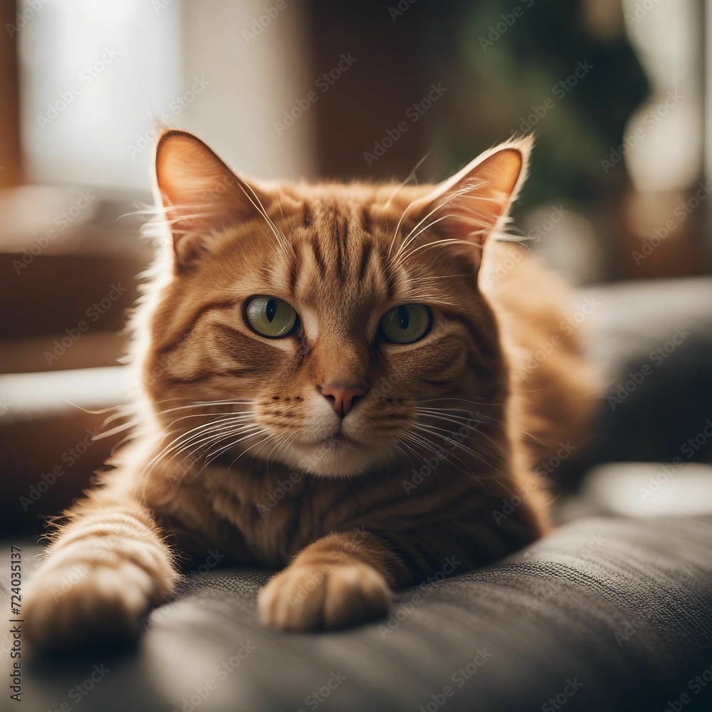 Comfy Feline Relaxing on a Cozy Couch with its Paws Curled Up | Adorable Lazy Pet Cat Image
