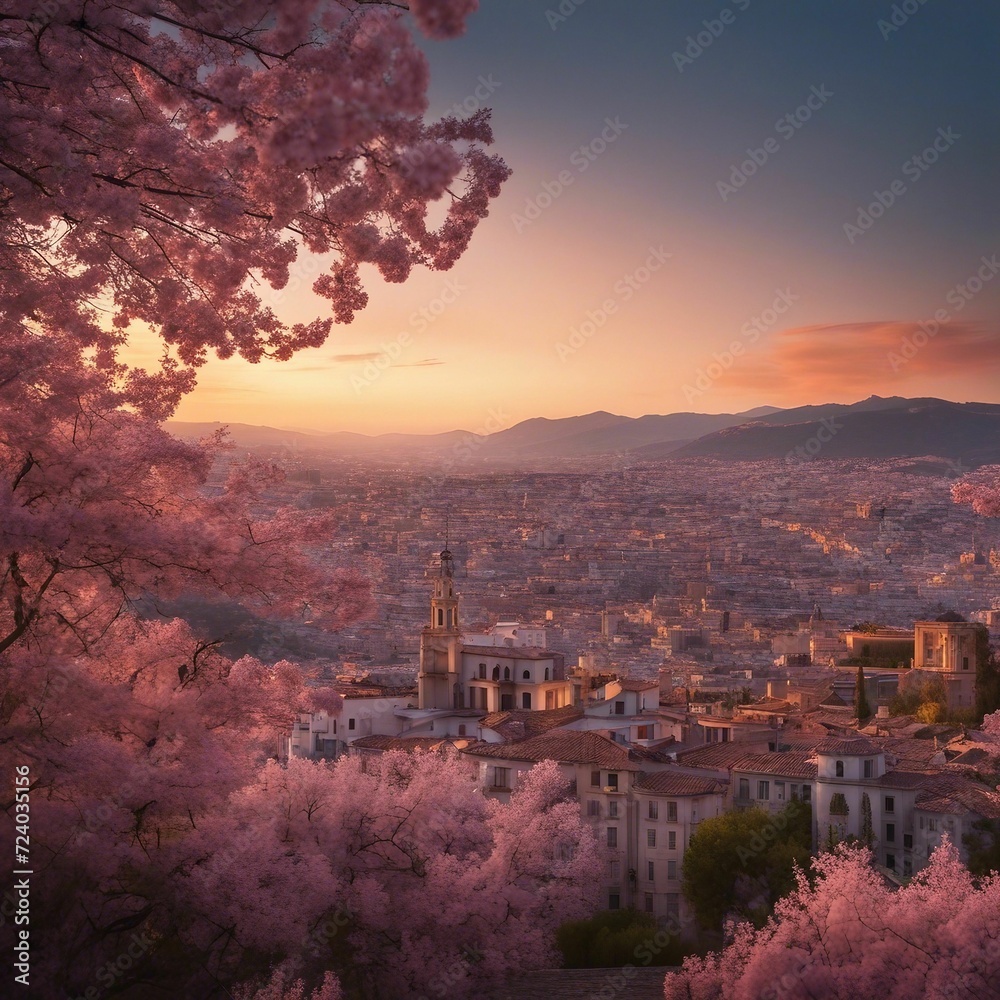 Dreamy Cityscape with Blooming Pink Trees and Colorful Buildings - Urban Beauty and Serenity