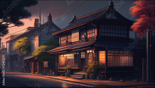 A beautiful japanese tokyo city town in the evening. houses at the street illustration of Background, Ai generated image