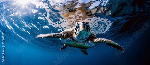 blue sea turtle swimming in the ocean with copy space © StockUp