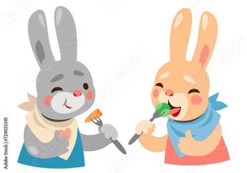 Cute rabbits eat vegetarian food, carrots and Brussels sprouts with a fork with great appetite