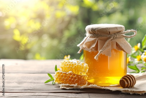 Jar of honey with honeycomb 