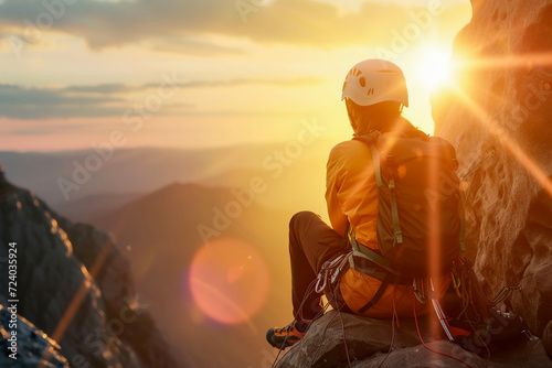 Professional cliff climber stop climbling looking at beautiful sunset . Adventure and Extreme Sport Concept.