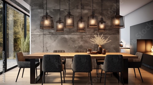 Arrange a cluster of pendant lights at varying heights for a modern and artistic dining room