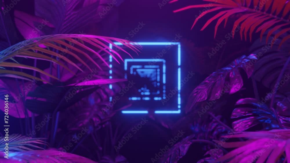 Flight through dark jungle with tropic plants with Purple and blue neon lights. Loop animation.