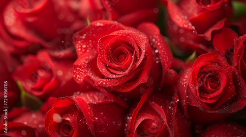 A close-up of a lush  vibrant bouquet of red roses with dew drops background