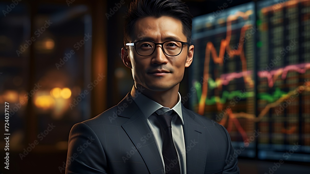 Portrait of handsome asian businessman in suit and eyeglasses looking at camera. Stock market chart on background. Portrait of handsome asian businessman in suit and eyeglasses looking at camera. Stock market chart on background.