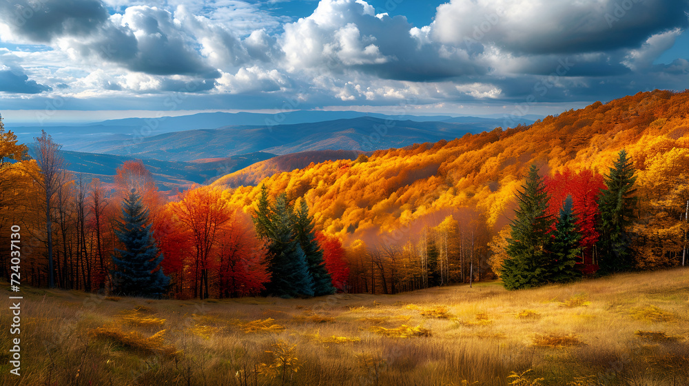 Autumn trees with mountain background. generative ai