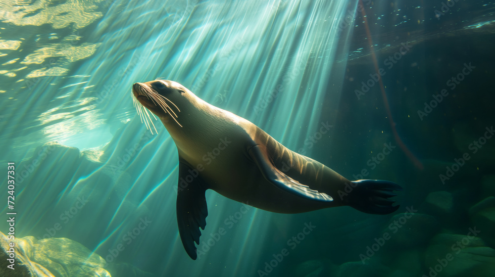 Fototapeta premium A california sea lion swimming underwater, sun shining through the water surface