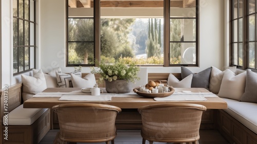 Create a cozy atmosphere with a built-in window seat and plush cushions along the dining nook © Aeman