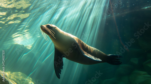 A california sea lion swimming underwater, sun shining through the water surface