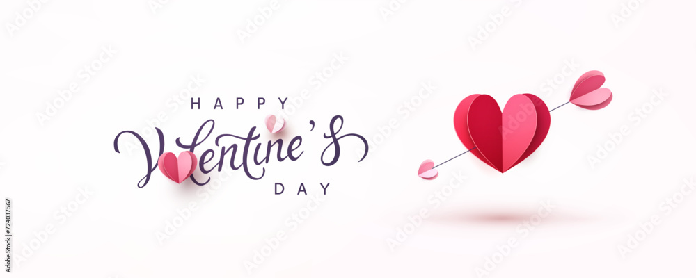 Valentine's Day postcard with paper flying elements on pink background. Romantic poster, header. Vector symbols of love in shape of heart for greeting card design