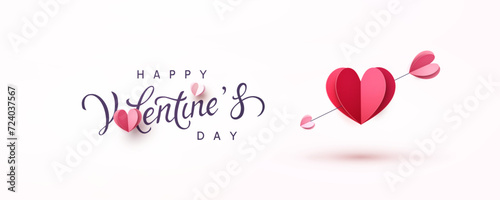 Valentine's Day postcard with paper flying elements on pink background. Romantic poster, header. Vector symbols of love in shape of heart for greeting card design