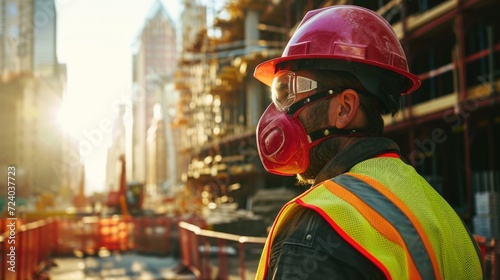 photography, A construction worker in a red safety mask on a busy construction site, diligent, harsh sunlight, wide-angle shot. photo