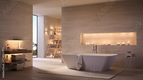 Create a spa-like atmosphere with a freestanding bathtub  ambient lighting  and calming neutral tones