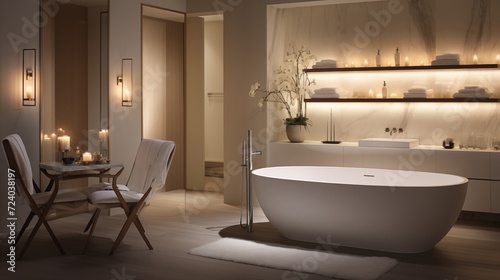 Create a spa-like atmosphere with a freestanding bathtub  ambient lighting  and calming neutral tones