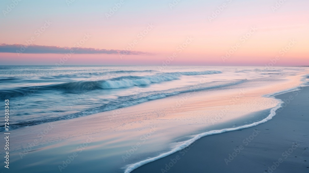 A serene, tranquil beach scene at sunset, featuring soft pastel colors and gentle waves lapping at the shore