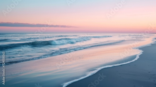 A serene, tranquil beach scene at sunset, featuring soft pastel colors and gentle waves lapping at the shore