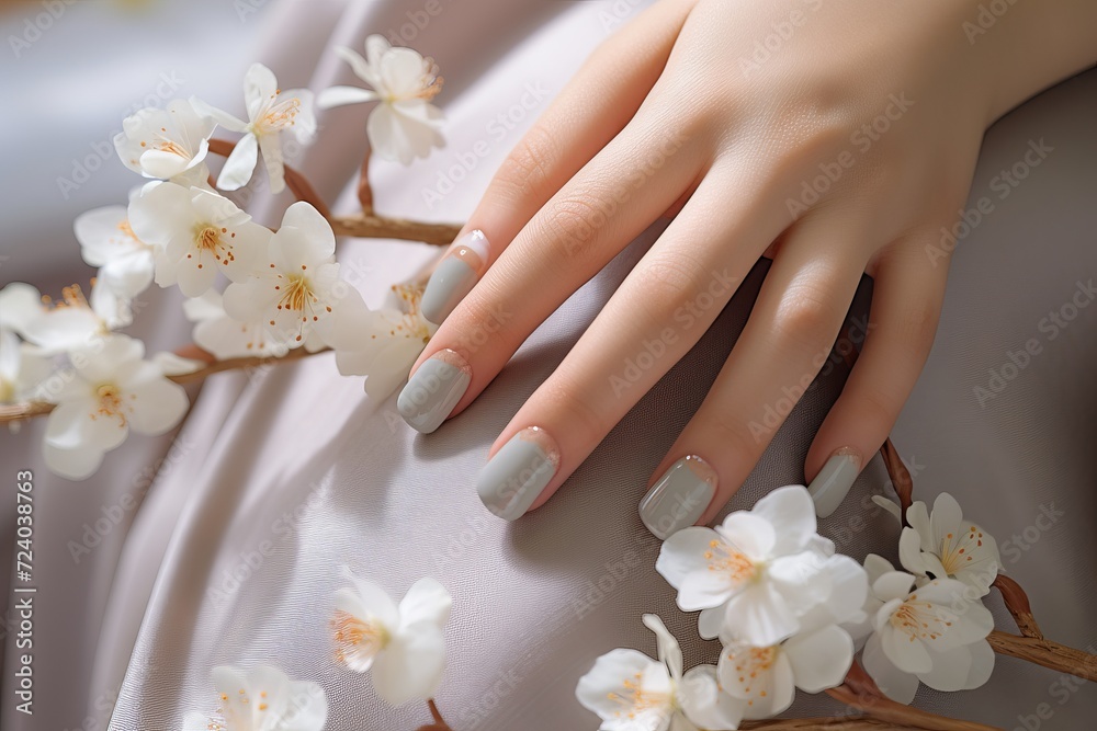 Intricate details of womans hands showcasing an elegant, neutral-toned manicure