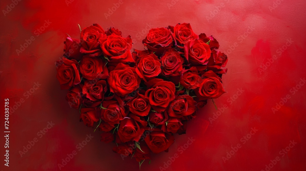 A vibrant red heart composed entirely of lush red roses, set against a contrasting solid color background for a striking effect A vibrant red heart composed entirely of lush red roses, set against a contrasting solid color background for a striking effect