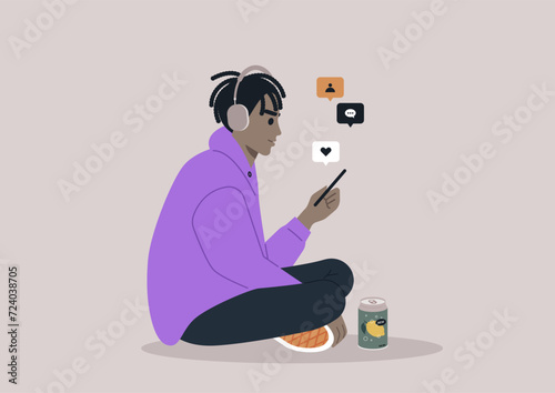 A young Gen Z character, slouching, scrolls through their phone's newsfeed, capturing a moment of casual engagement with digital content