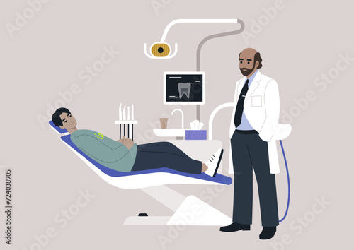 In a dental clinic, a patient sits in a dentist chair surrounded by various tools, including a monitor displaying an x-ray image, they engage in a discussion about the treatment plan with a doctor