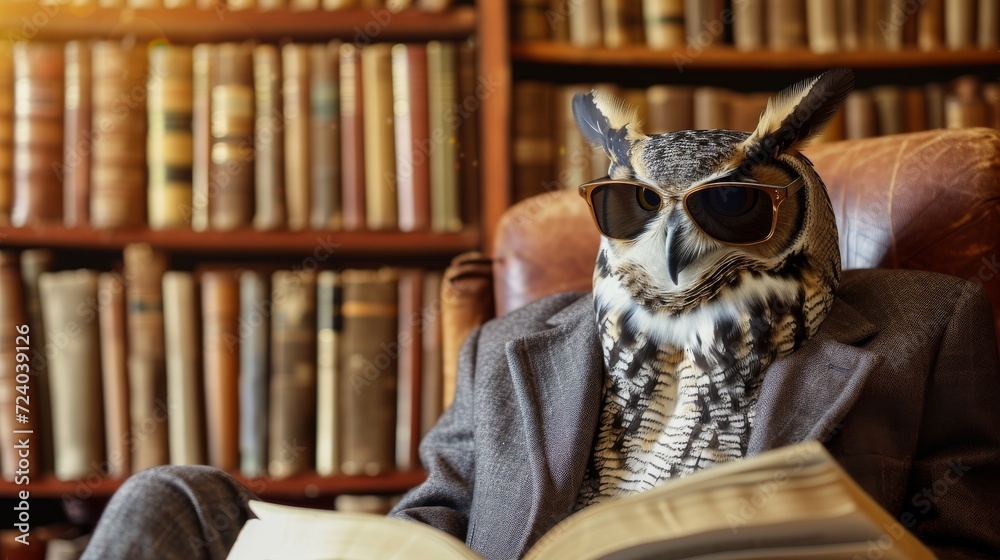 A wise owl wearing a suit and sunglasses, sitting in a library surrounded by books
