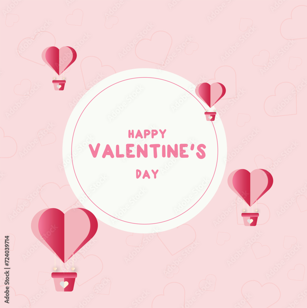 Happy Valentine's day poster with paper hearts. Paper hearts red colors pink background.