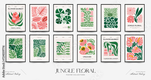 Abstract floral posters template. Modern trendy Matisse minimal style. Tropical jungle. Hand drawn design for wallpaper, wall decor, print, postcard, cover, template, banner. photo