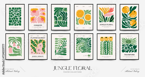 Abstract floral posters template. Modern trendy Matisse minimal style. Tropical jungle. Hand drawn design for wallpaper, wall decor, print, postcard, cover, template, banner. photo