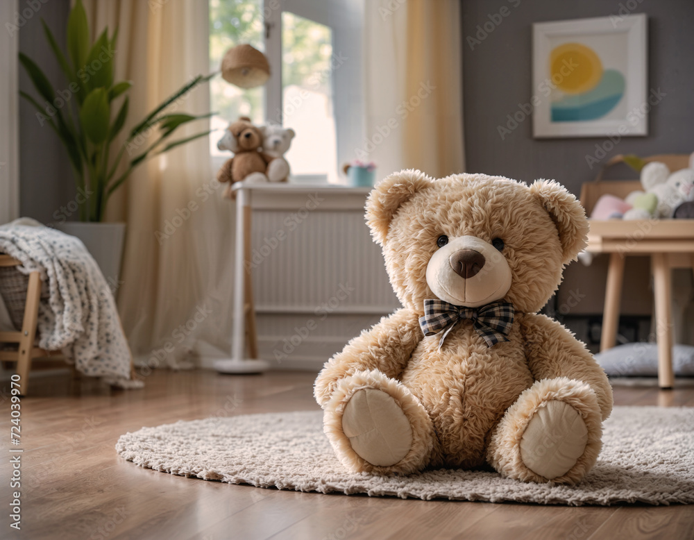 Cute teddy bear sitting alone on the floor