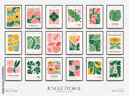 Abstract floral posters template. Modern trendy Matisse minimal style. Tropical jungle. Hand drawn design for wallpaper, wall decor, print, postcard, cover, template, banner.